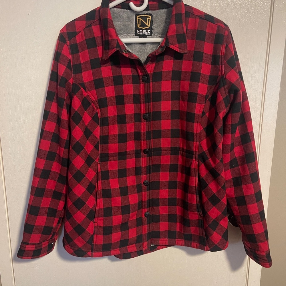 Noble Outfitters Womens Fleece Lined Flannel Jacket Sz L Buffalo Plaid Red